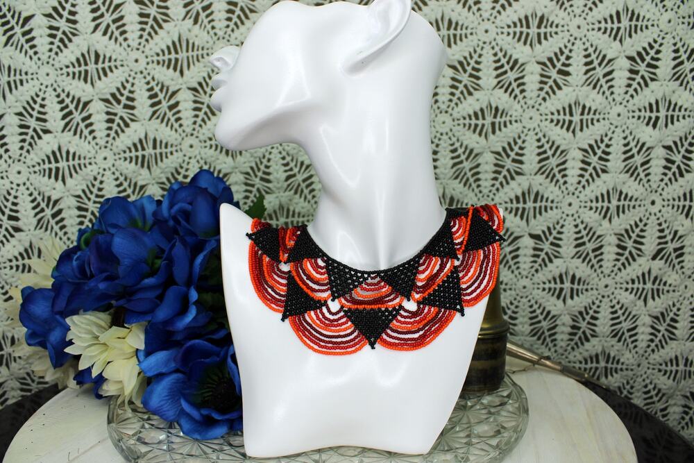 Red Orange and Black Beaded Panamanian Zulu Bib Collar Necklace